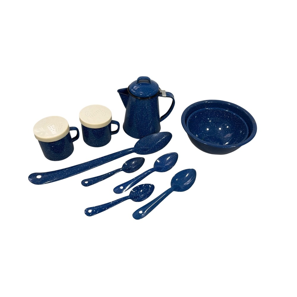 Vintage‎ Blue Enamelware Speckled Coffee Pot Bowls Shakers Spoons set Country